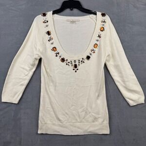 Boston Proper Cream Embellished Scoop Neck 3/4 Sleeve Knit Sweater Top Size S